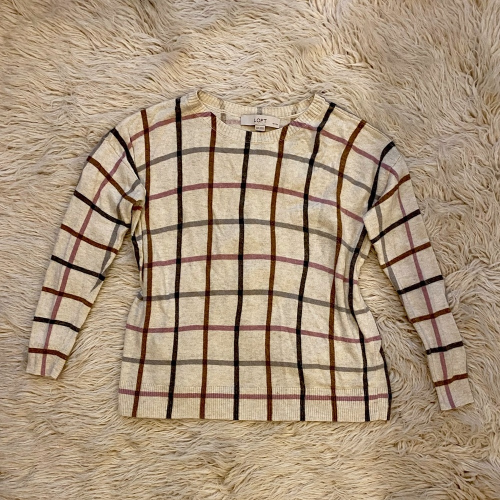Loft plaid wool sweater XS petite cream brown green pink